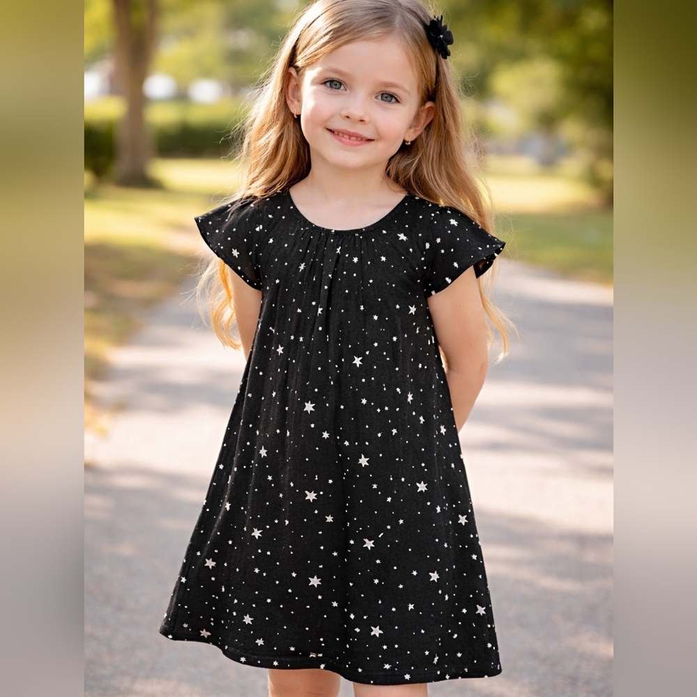 CRB Girls Flutter Sleeve Foil Star Print Crew Neck Black Tunic Dress Size 10